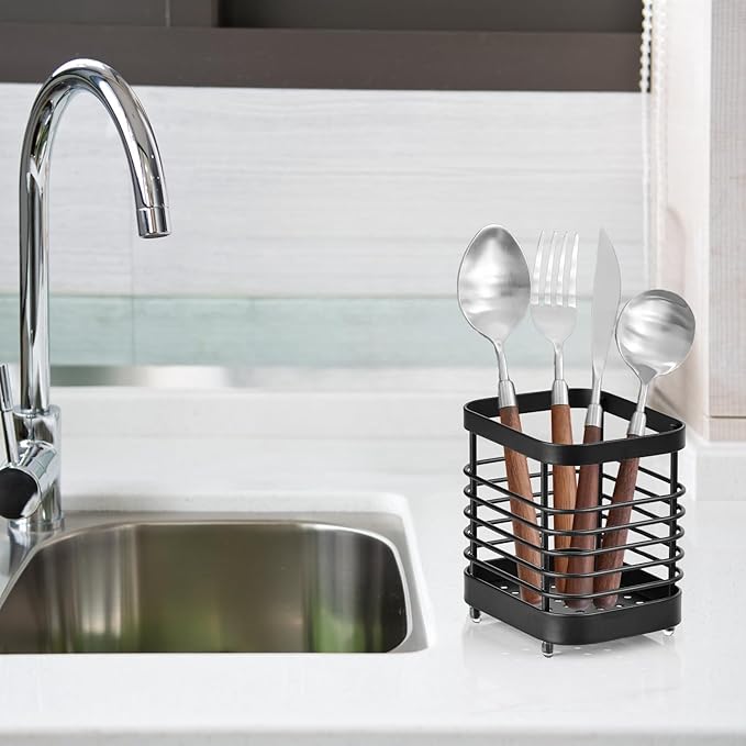 Utensil Holder, Stainless Steel Utensil Drying Rack for Kitchen Counter, Silverware Cutlery Flatware Holder Forks, Knives, Spoons, Chopsticks Organizer (Black)
