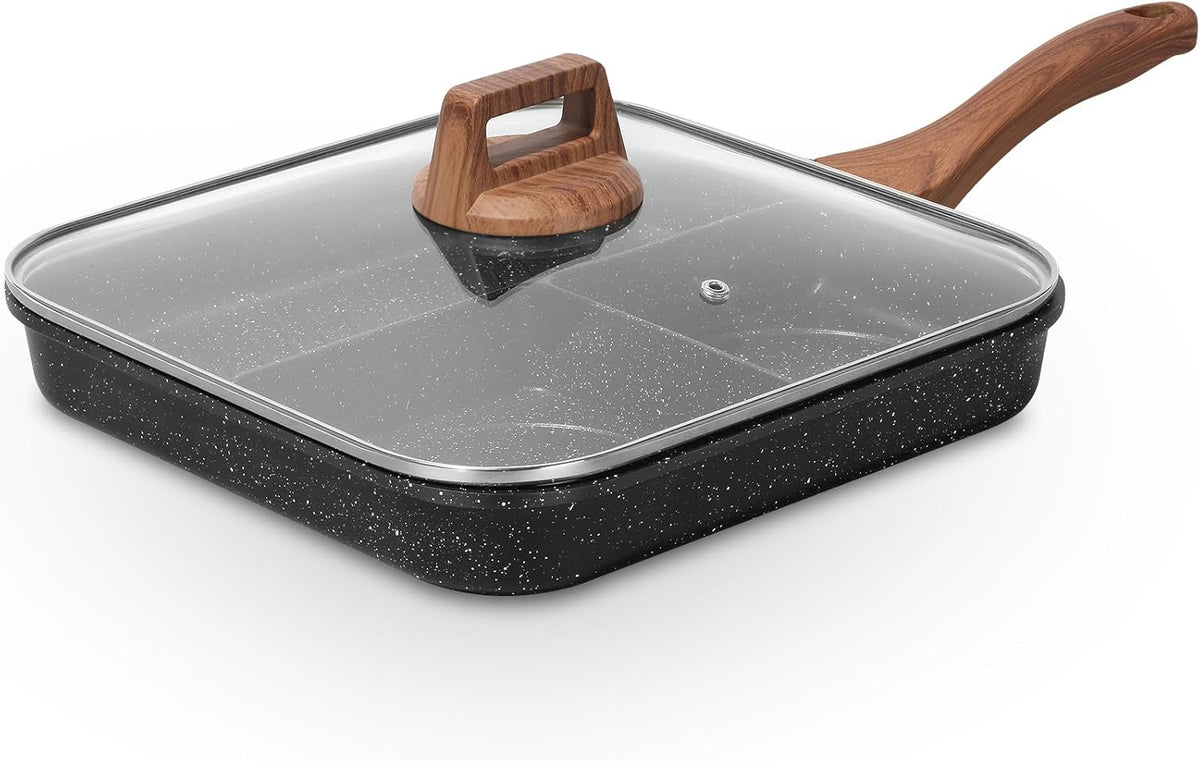 ESLITE LIFE 11 Inch Nonstick Divided Grill Pan with Lid for Indoor Cooking, Versatile 3-In-1 Induction Large Breakfast Pan for Stove Tops, PTFE & PFOA Free, Black