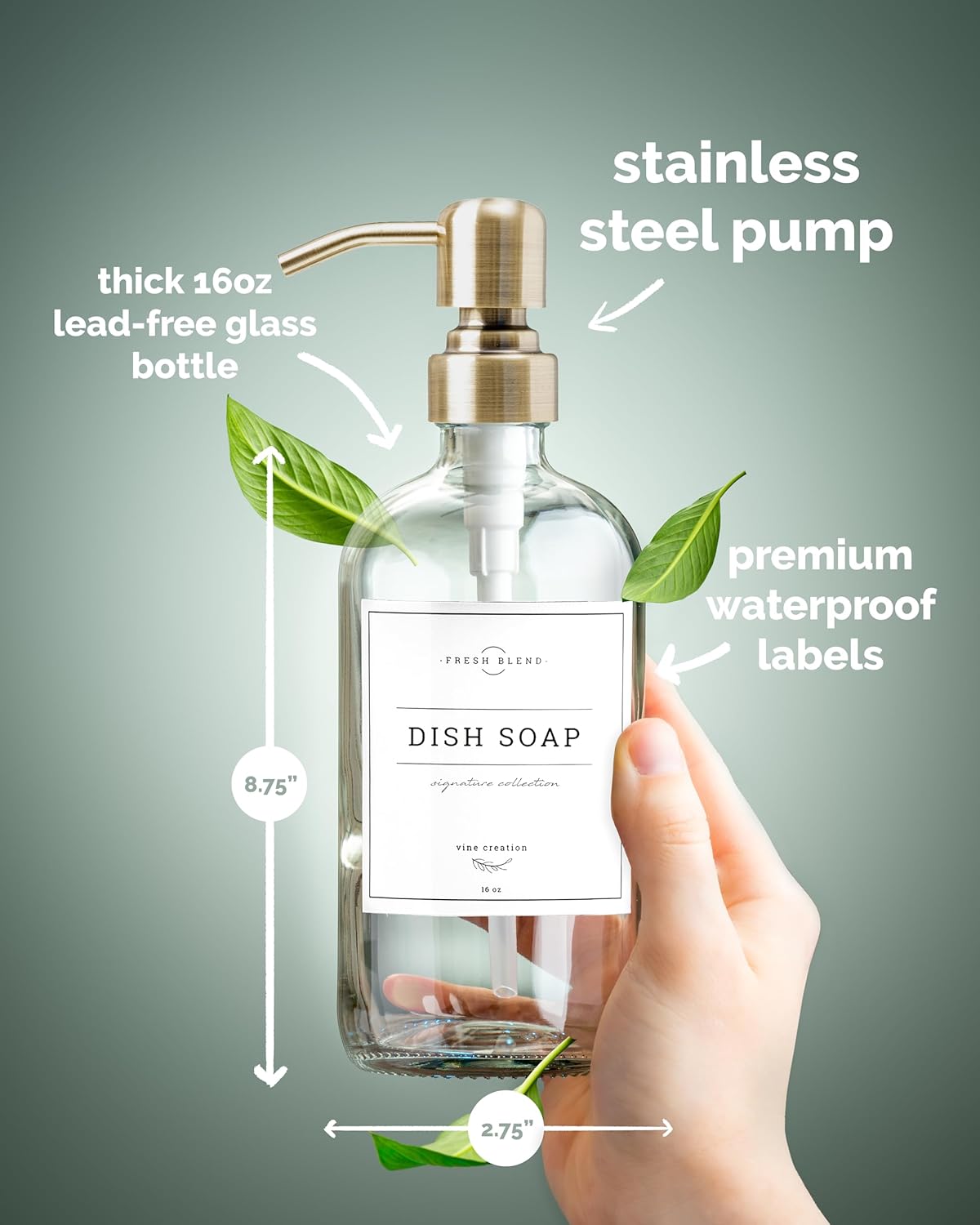 Vine Creations Clear Glass Soap Dispenser, 2 Pack Kitchen Soap Dispenser Set with Stainless Steel Pump, 16 oz Dish Soap and Hand Soap Dispensers for Bathroom with Waterproof Labels