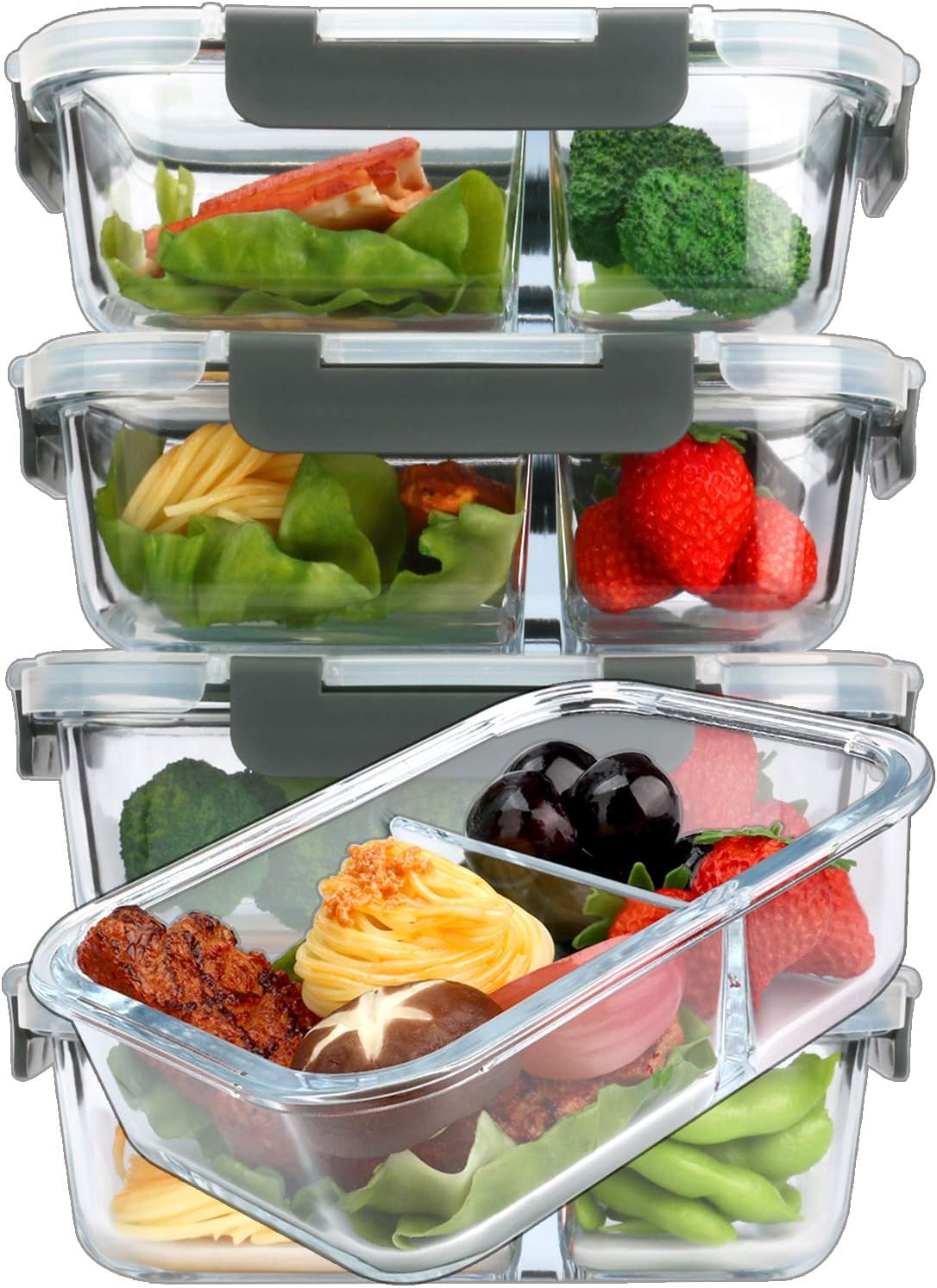 [5-Pack,36 Oz]Glass Meal Prep Containers 2 Compartments Portion Control with Upgraded Snap Locking Lids Glass Food Storage Containers, Microwave, Oven, Freezer and Dishwasher (4.5 Cups)