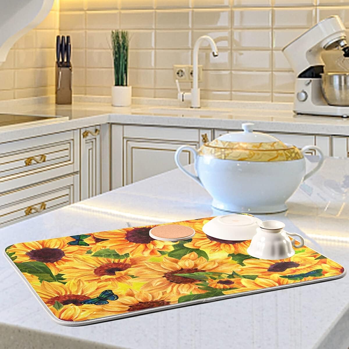 Super Absorbent Dish Drying Mat, Microfiber Fast-Drying Dish Mat, 24" x 18", Kitchen Dish Drying Pad, Sunflowers And Green Blue Butterflies