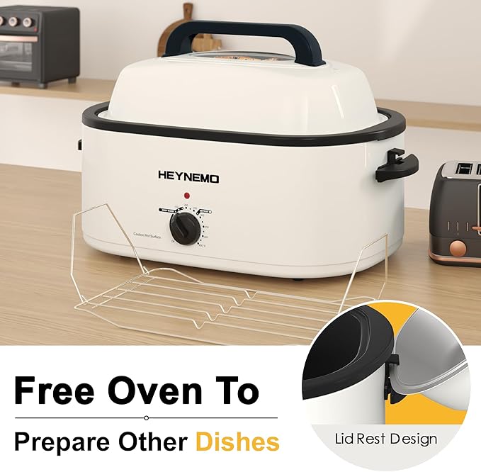 24QT Electric Roaster Oven, Electric Turkey Roaster with Viewing & Self-basting Lid, Stainless Steel Turkey Roaster Oven, White