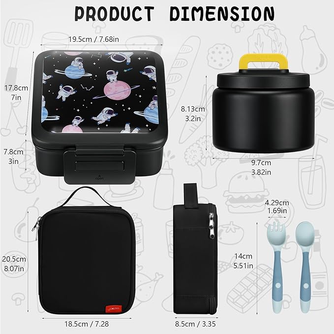 Bento Lunch Box for Kids With 8oz Soup Thermo,Leak-proof Lunch Containers with 5 Compartment,Thermo Food Jar and Lunch Bag, Food Containers for School (A-Black(Circumnavigate Space))