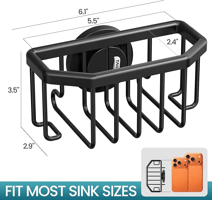 TAILI Sponge Holder for Kitchen Sink with Strong Suction Cup, Rustproof Aluminum Sink Caddy for Sponges, Brushes, Stoppers & Scrapers, Black
