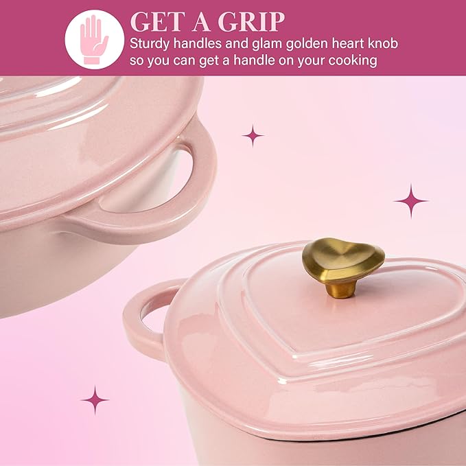 Paris Hilton Enameled Cast Iron Dutch Oven Heart-Shaped Pot with Lid, Dual Handles, Works on All Stovetops, Oven Safe to 500°F, 4-Quart, Pink