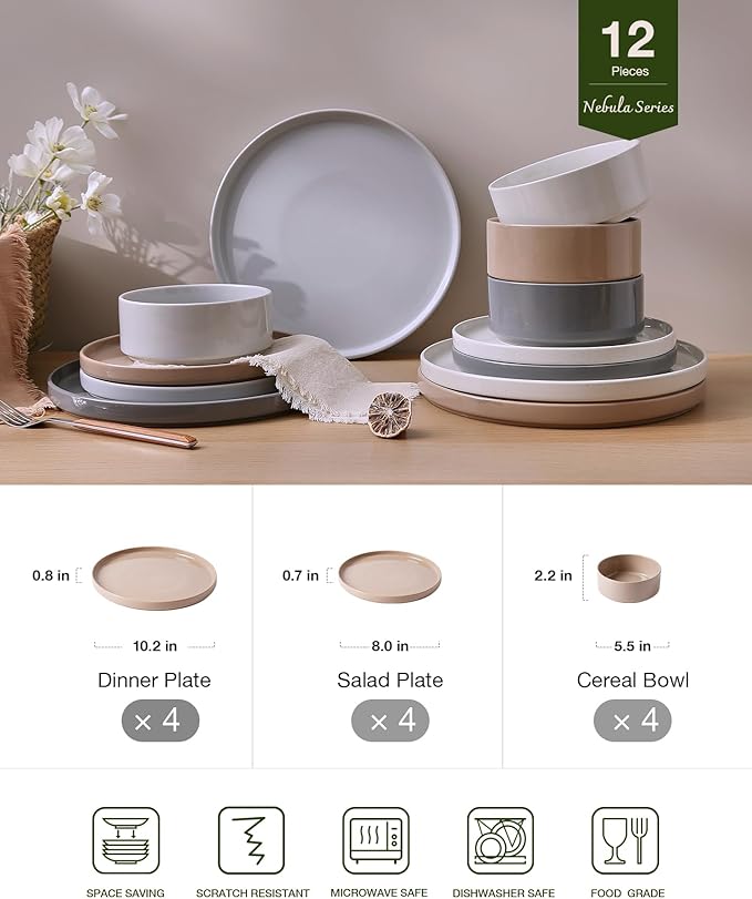 Famiware Nebula Plates and Bowls Set, 12 Pieces Dinnerware Sets, Dishes Set for 4, Multi-color