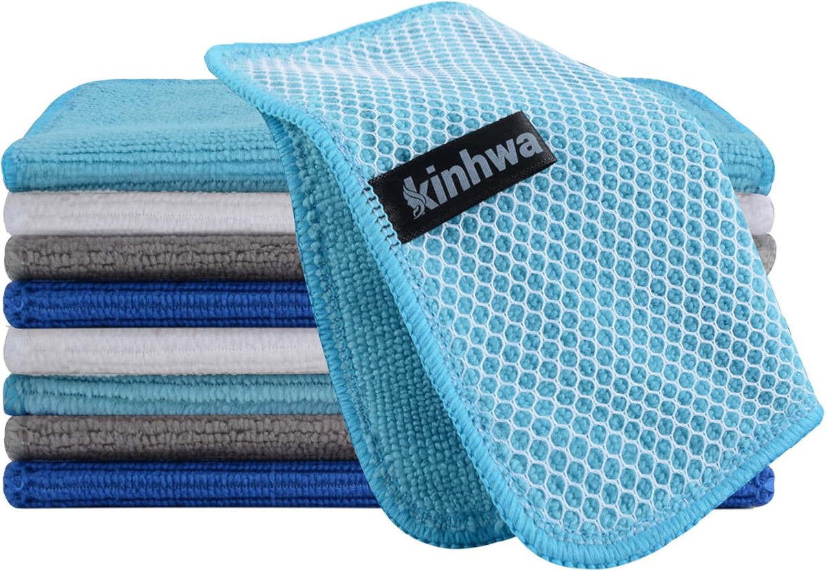 KinHwa Kitchen Washcloths for Dishes Absorbent Microfiber Dish Cloths Quick Dry Dish Rags with Poly Scour Scrub Side Ideal for Kitchen Cleaning (Mixing Colors #2, 7inchx7inch 9 Pack)