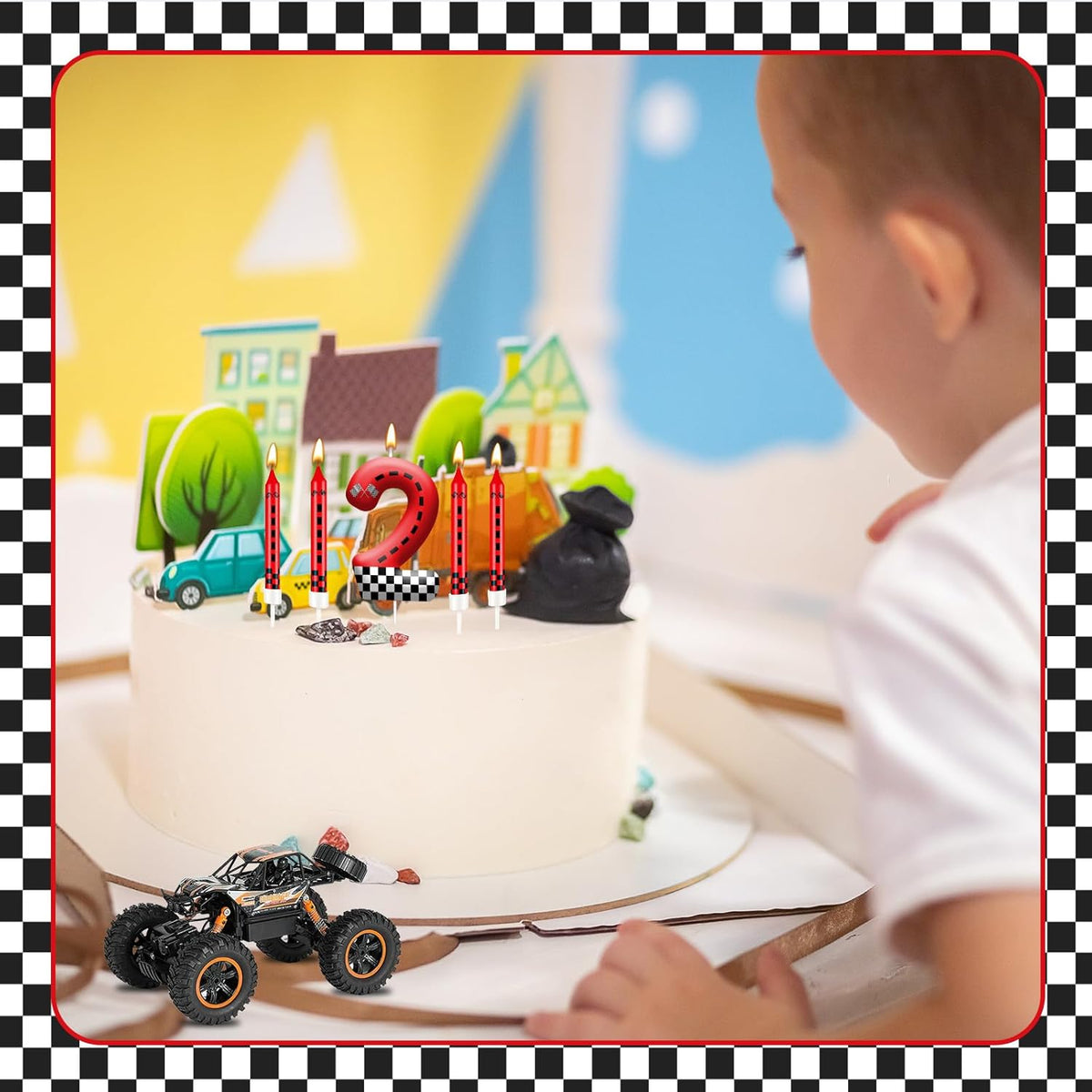 13PCS Racing Car Theme Birthday Candle Set with Checkered Flag Design - Durable Cake Topper for Race Car Party Decorations, Kids Birthday Supplies - Number 2 Candle for Racing-Themed Celebrations