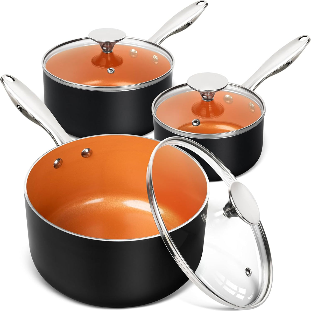 MICHELANGELO Sauce Pan Set, Ultra Nonstick Saucepan Set of 3, Ceramic Saucepans with Lids, 1 Qt & 2 Qt & 3 Qt Small Pot Set, Copper Sauce Pan with Lid