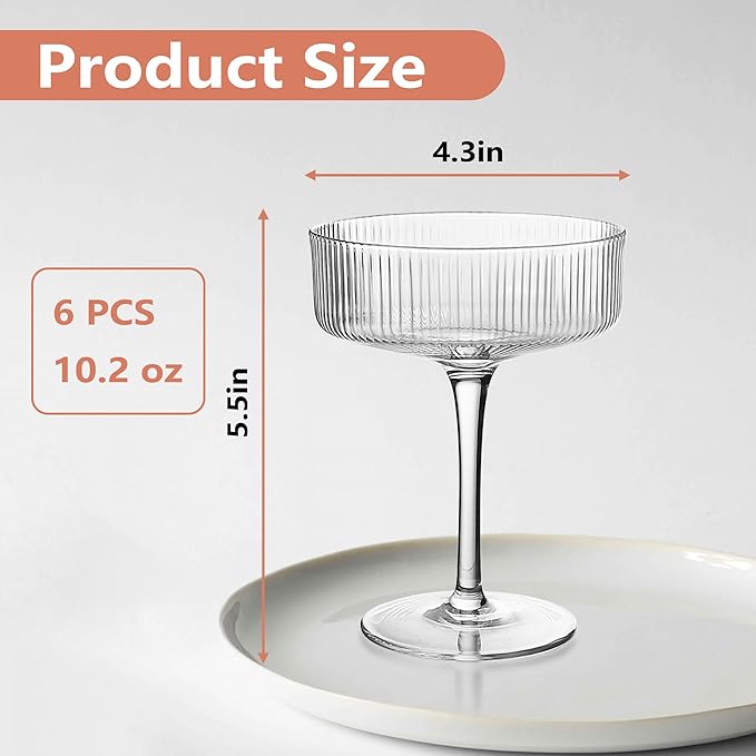 Montex 6 Pcs Coupe Glasses 10 oz, Martini Glasses, Margarita Glass, Ribbed Glassware, Classic Vintage Cocktail Galssware, Pefect Gift for Cocktail Lovers