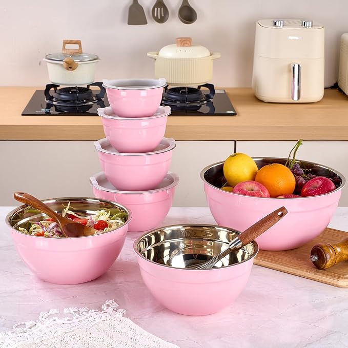 Pink Mixing Bowls with Lids Set of 7, Stainless Steel Nesting Bowl with Khaki Lid for Non-slip Mixing Prepping Storing Serving, 7 Sizes-7/3.6/2.7/2.1/1.5/1/0.8 QT