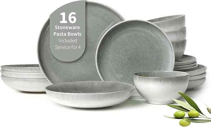 16 Piece Double Bowl Dinnerware Sets, Stain Resistant Dish Set with Pasta Bowls, Easy Cleaning Dishes, Multi-Functional Plate and Bowl, Stack Compactly Plate Set, Service for 4