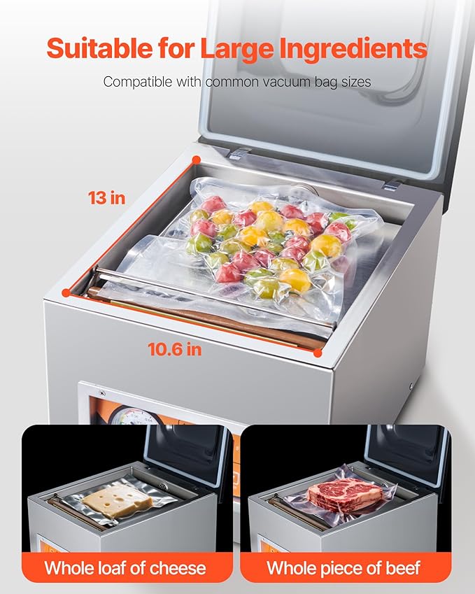VEVOR Chamber Vacuum Sealer, 260W Sealing Power, Vacuum Packing Machine for Wet Foods, Meats, Marinades and More, Compact Size with 10.2 in Sealing Length, Applied in Home Kitchen
