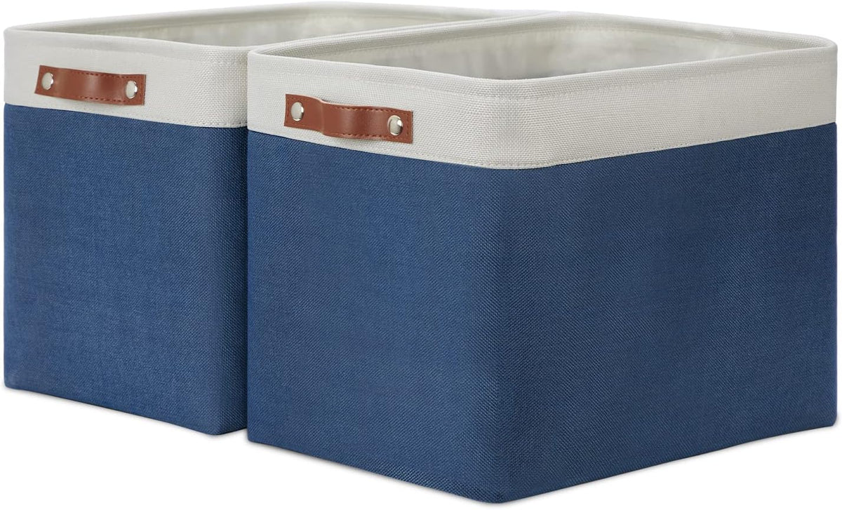DULLEMELO Large Rectangular Baskets for Storage 16"x12"x12" [2 Pack] Collapsible Storage Baskets for Organizing Closet, Clothes, Toys (White & Blue)