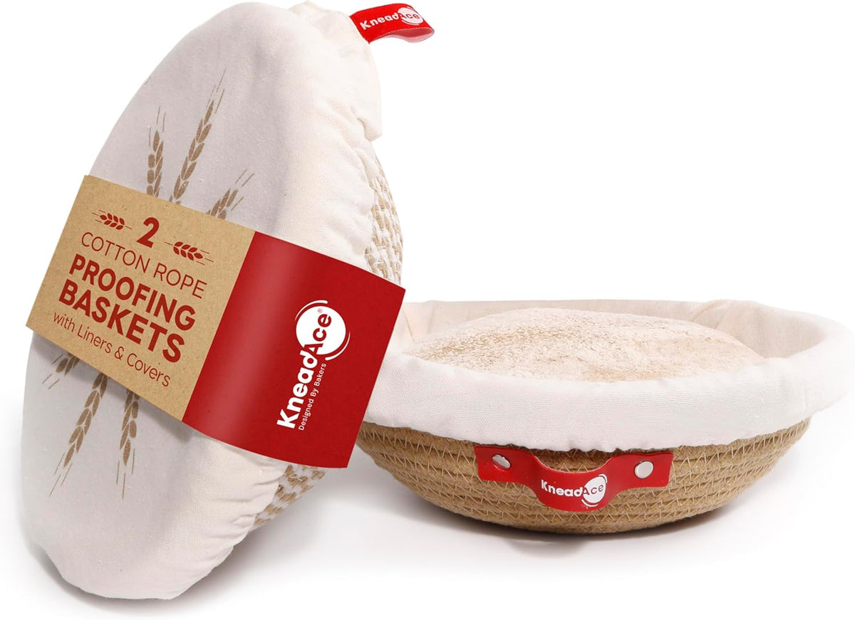 Cotton Rope Banneton Bread Proofing Basket Set, 2 x Round Bread Basket with Liners & Covers for Artisan Bread Baking, Sourdough Bread Baking Supplies