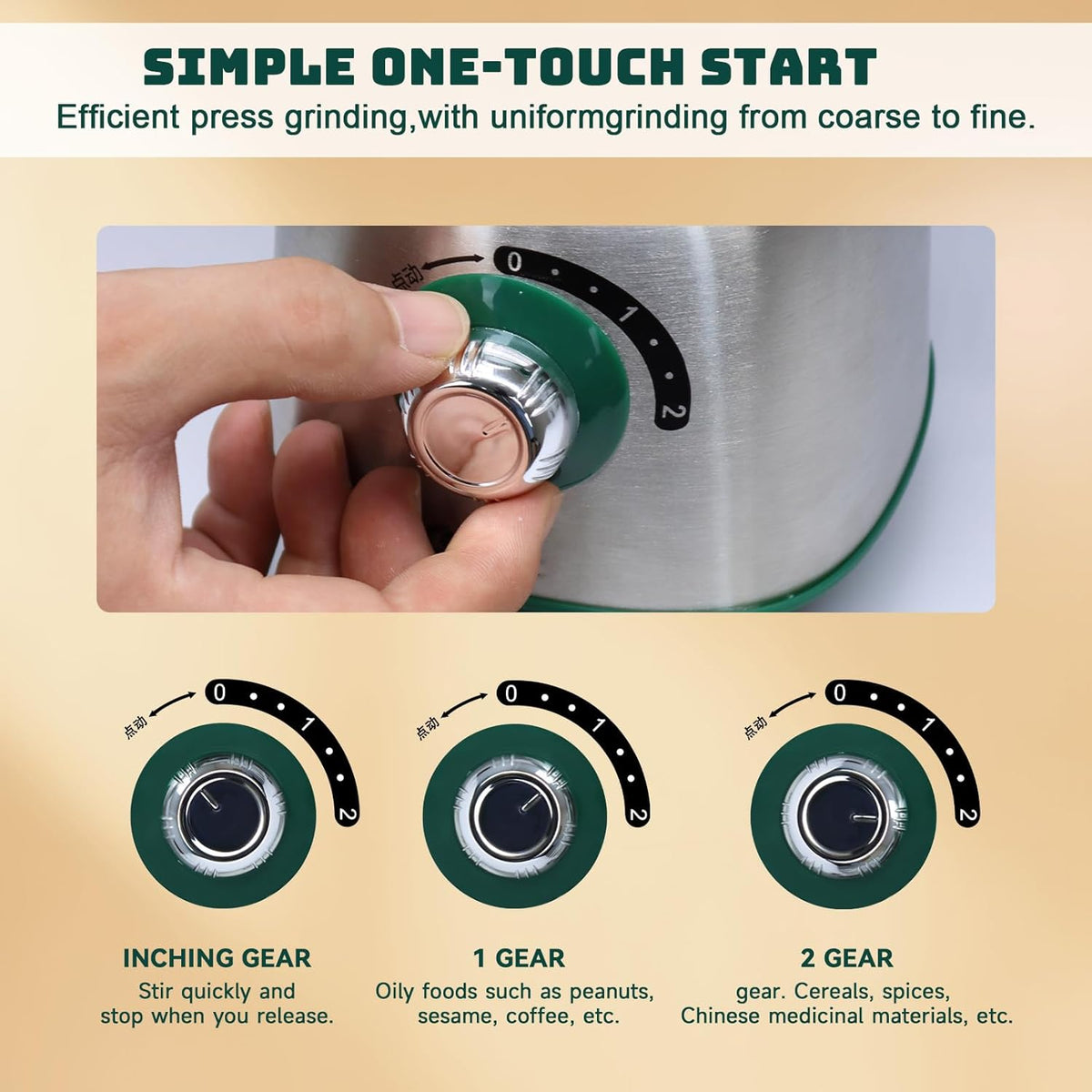 Electric Spice and Nut Grinders - 3 Stainless Steel Blades, 1 Filter, 1 Brush - 500W Grinder for Kitchen Dry Use (Green）