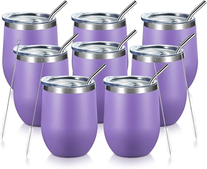 COMOOO Stainless Steel Wine Tumbler Bulk with Lid and Straw 12oz Double Wall Vacuum Insulated Travel Tumbler Cup Stemless for Hot and Cold Drinks, Coffee, Wine, Cocktails (Light Purple, 8 Pack)