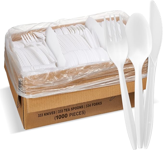 1,000 Plastic Disposable Cutlery Bulk Variety Pack White Medium Weight Includes 334 forks, 333 knives, 333 soup spoons, Disposable Silverware Plastic Cutlery