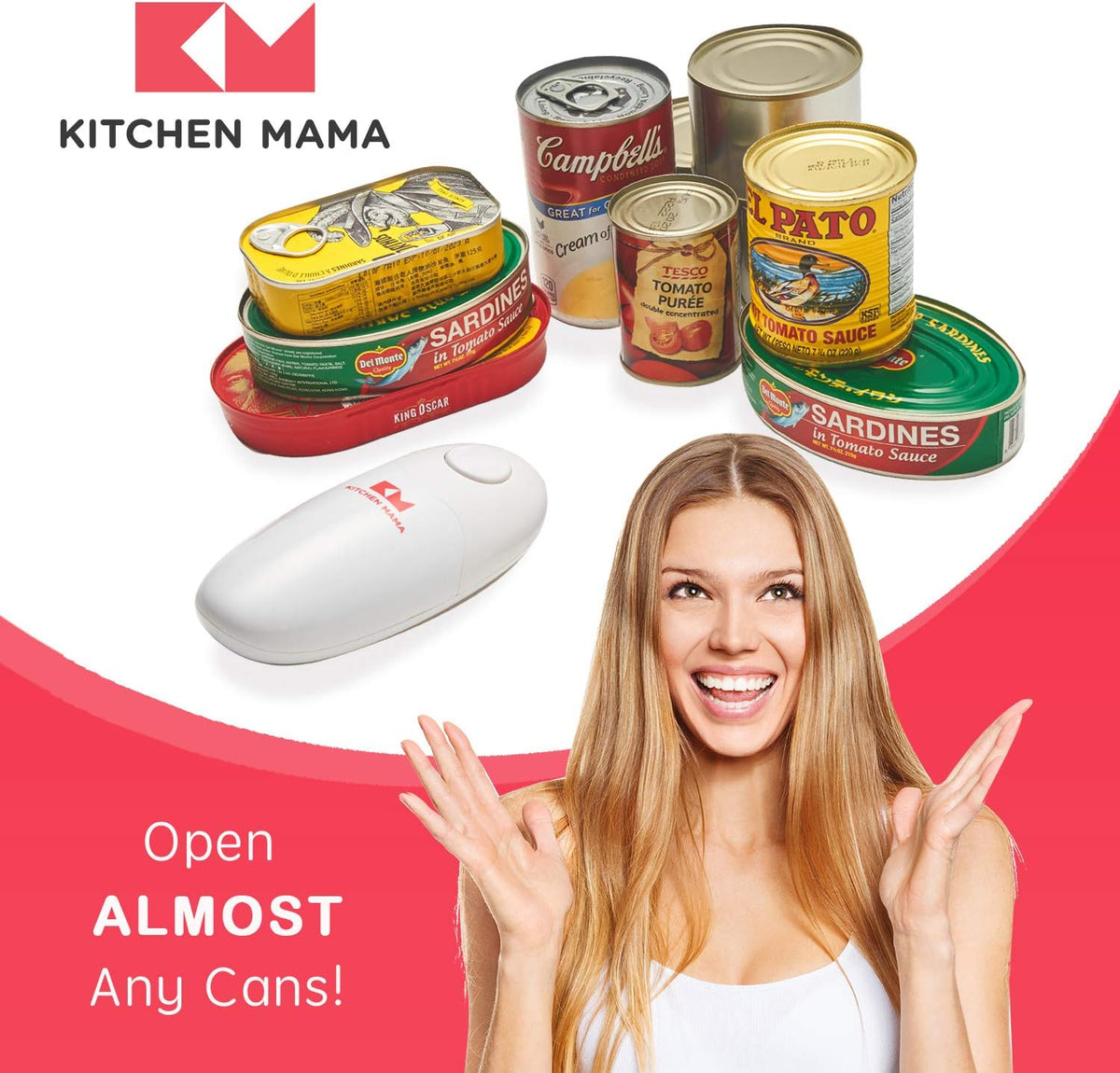 Kitchen Mama Auto Electric Can Opener: Safe, Easy with One Touch, Smooth Edge, Battery Operated, Cordless, Automatic Can Opener for Seniors with Arthritis, Hand Free Appliances, YES YOU CAN (White)