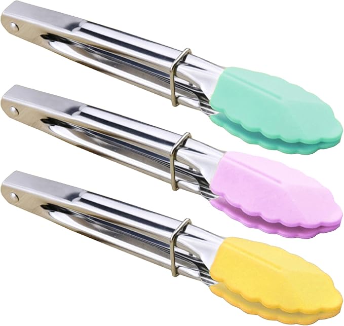 Mini Tongs with Silicone Tips 7-Inch Small Serving Tongs, Set of 3 (Pink Mint Yellow)