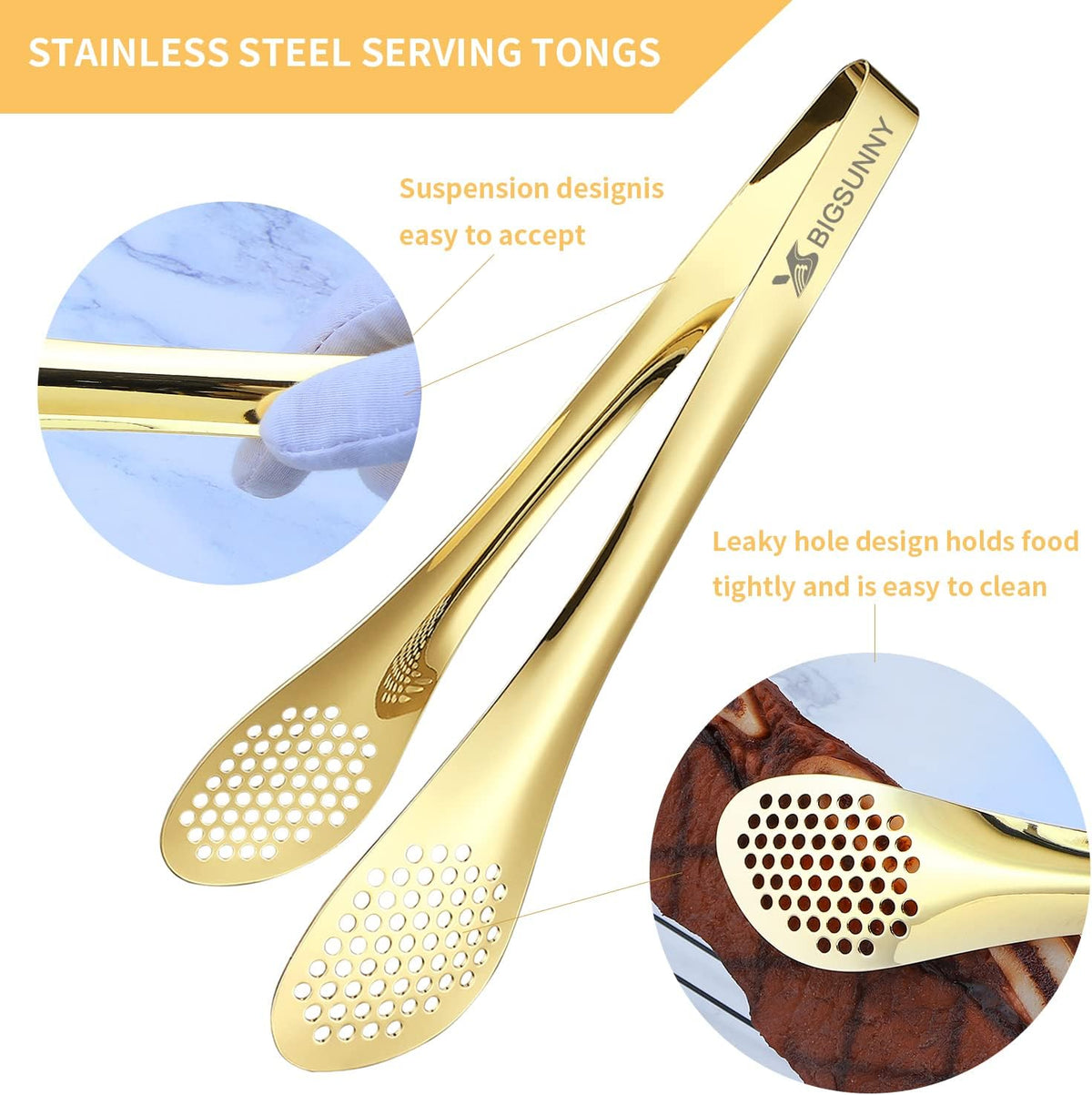 MSY BIGSUNNY Stainless Steel Buffet Tongs - Kitchen Food Tong for Cooking and Serving (Gold 11" Serving Tongs)