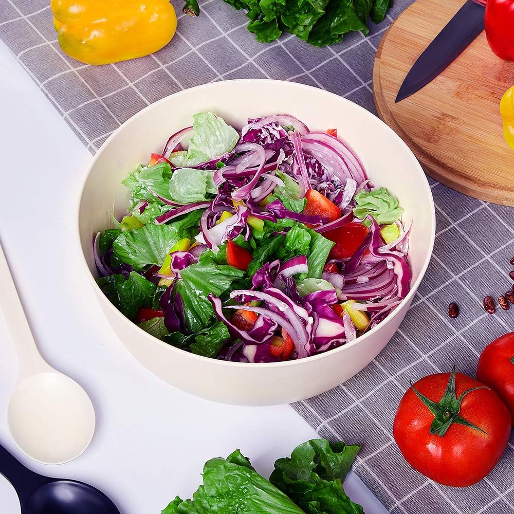 10” Bamboo Fiber Large Salad Serving Bowl Set with Wooden Lid & Servers, 3.5Qt Big Bowl with Utensils for Mixing Salad,Fruit,Pasta,Lightweight & Dishwasher Safe, Ideal Gift for Home - Matte White