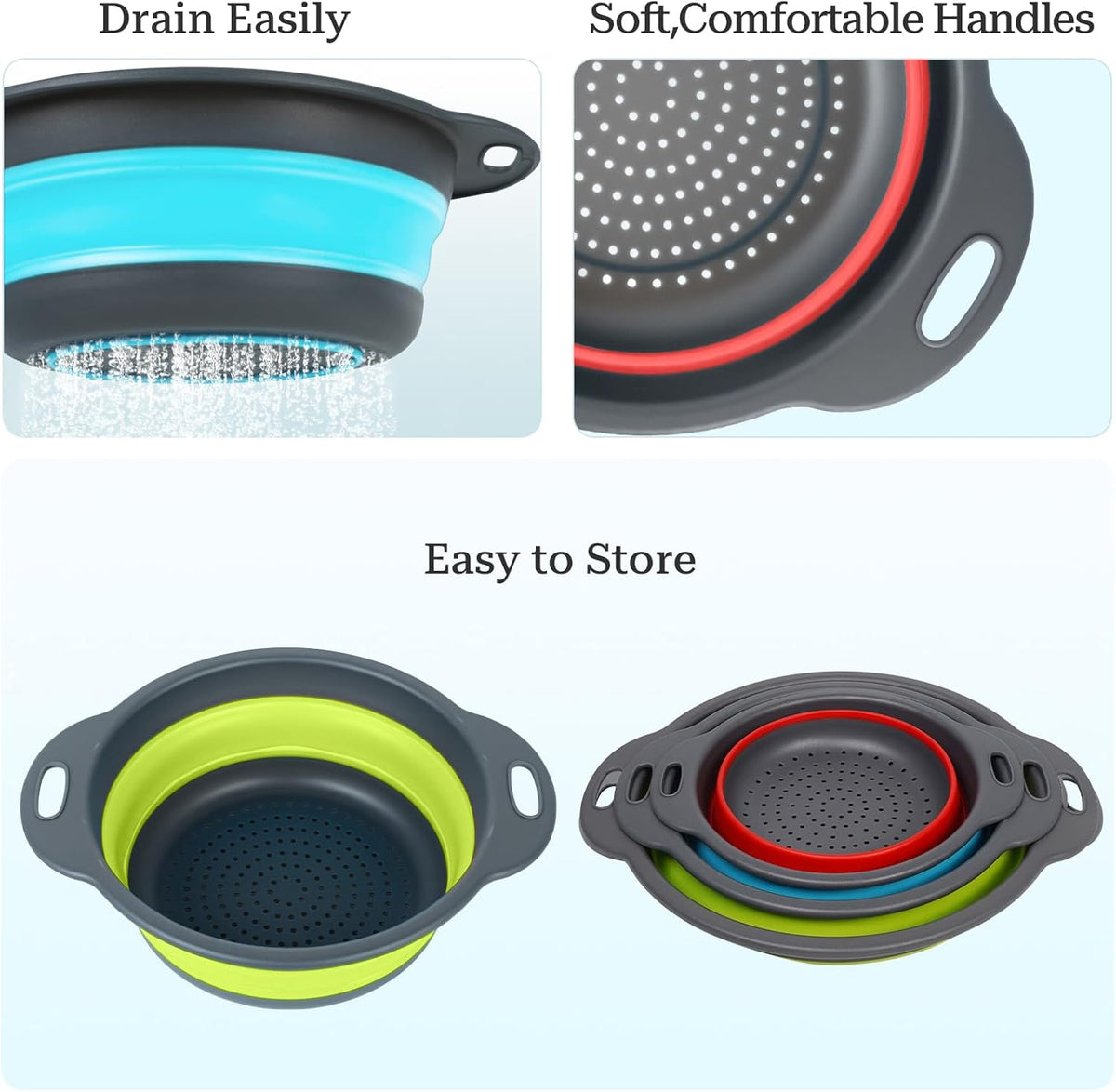 Collapsible Colander 3-Pack Set Space-Saving Foldable Kitchen Strainer with Non-Slip Base Durable Thickened PP+TPE Collapsible Strainers for Pasta, Vegetables, Fruits (Gray-Blue-Red-Green)