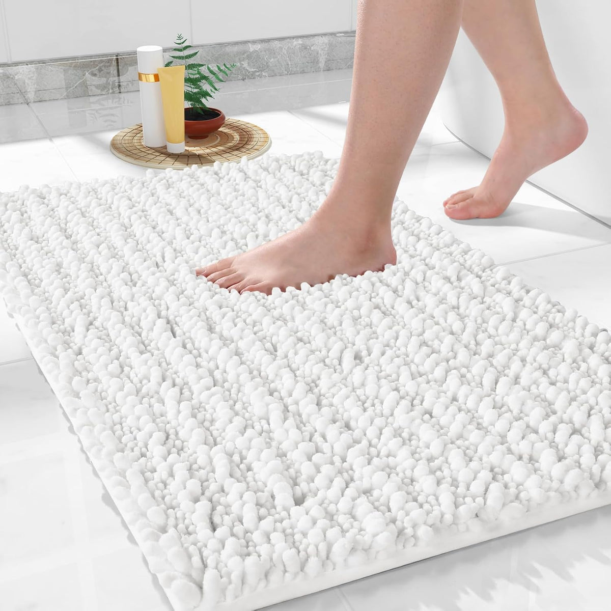 Yimobra Bathroom Rugs Non Slip Washable 32x20 Inch - Ultra Soft Absorbent Chenille Bath Mat, Quick Dry Shaggy Floor Carpet for Tub Shower, White Home Decor Accessories