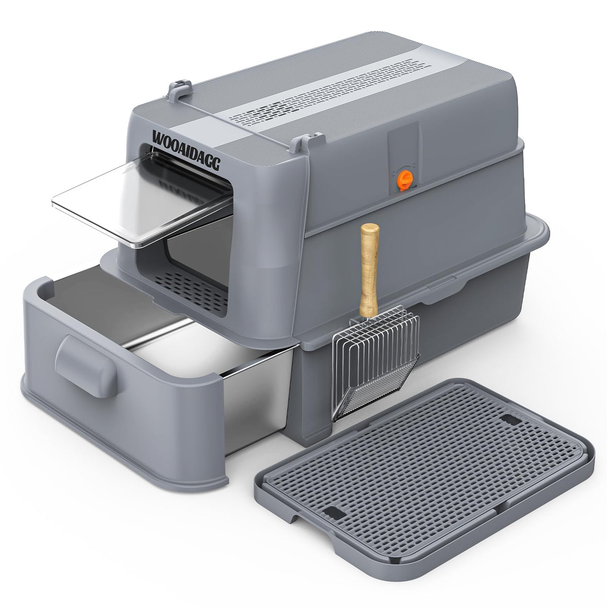 Wooaidagg Enclosed Stainless Steel Cat Litter Box with Odor Control, Modular Design with Drawer and Flip Door, Easy to Clean and Wash,Non-Stick Interior,Extra Large Size Fits All Cats(Dark Grey)