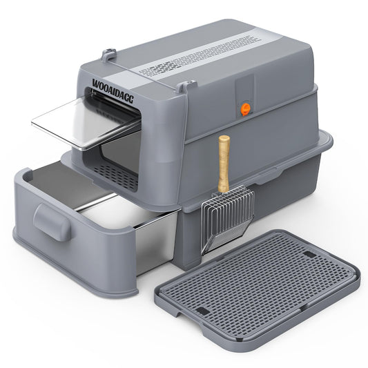 Wooaidagg Enclosed Stainless Steel Cat Litter Box with Odor Control, Modular Design with Drawer and Flip Door, Easy to Clean and Wash,Non-Stick Interior,Extra Large Size Fits All Cats(Dark Grey)