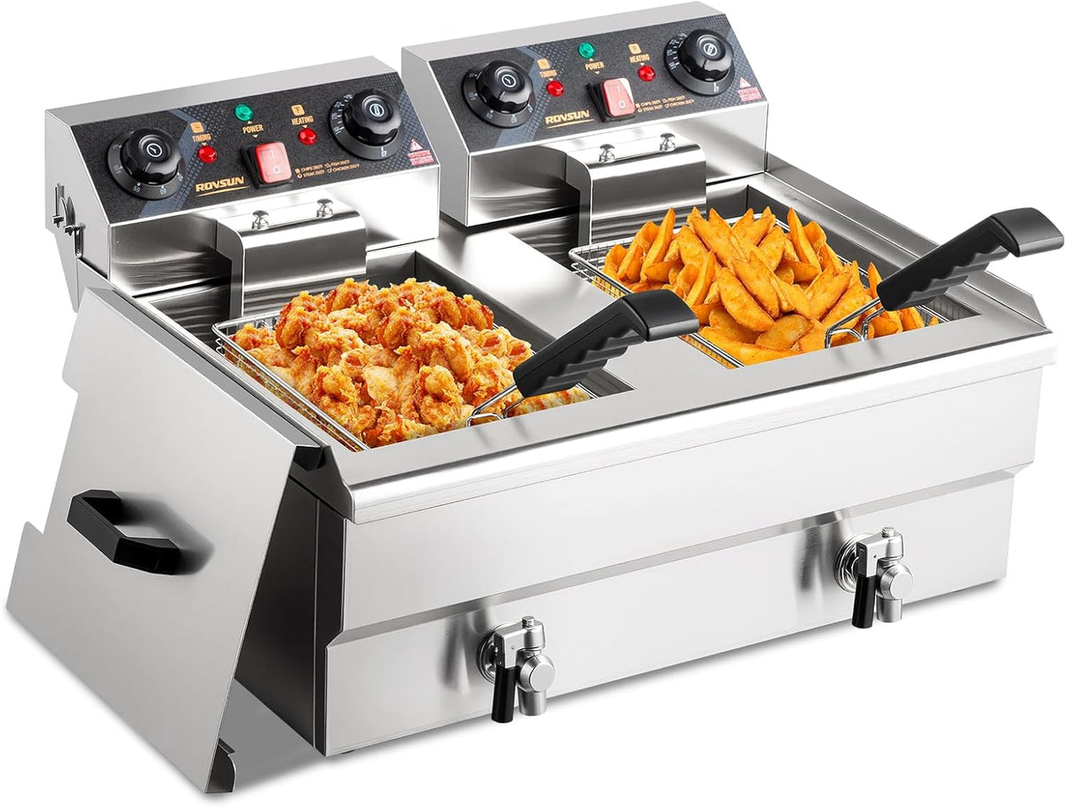 ROVSUN 24.9QT Electric Deep Fryer w/Frying Baskets Timer Drains & Lids, Dual Tank Kitchen Countertop Commercial Frying Machine, Adjustable Temperature, for French Fries Donuts Onion Rings, 3400W 110V
