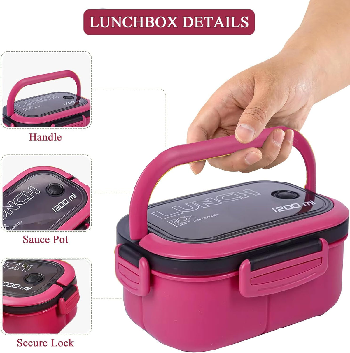 Bento Box Adult, Lunch Box for Men and Women, 1200ML Leak-proof Double-layered with Handle Lunchbox, Reusable BPA-Free Lunch Container, Microwave/Dishwasher Safe, Snack Box with Cutlery Set, Pink