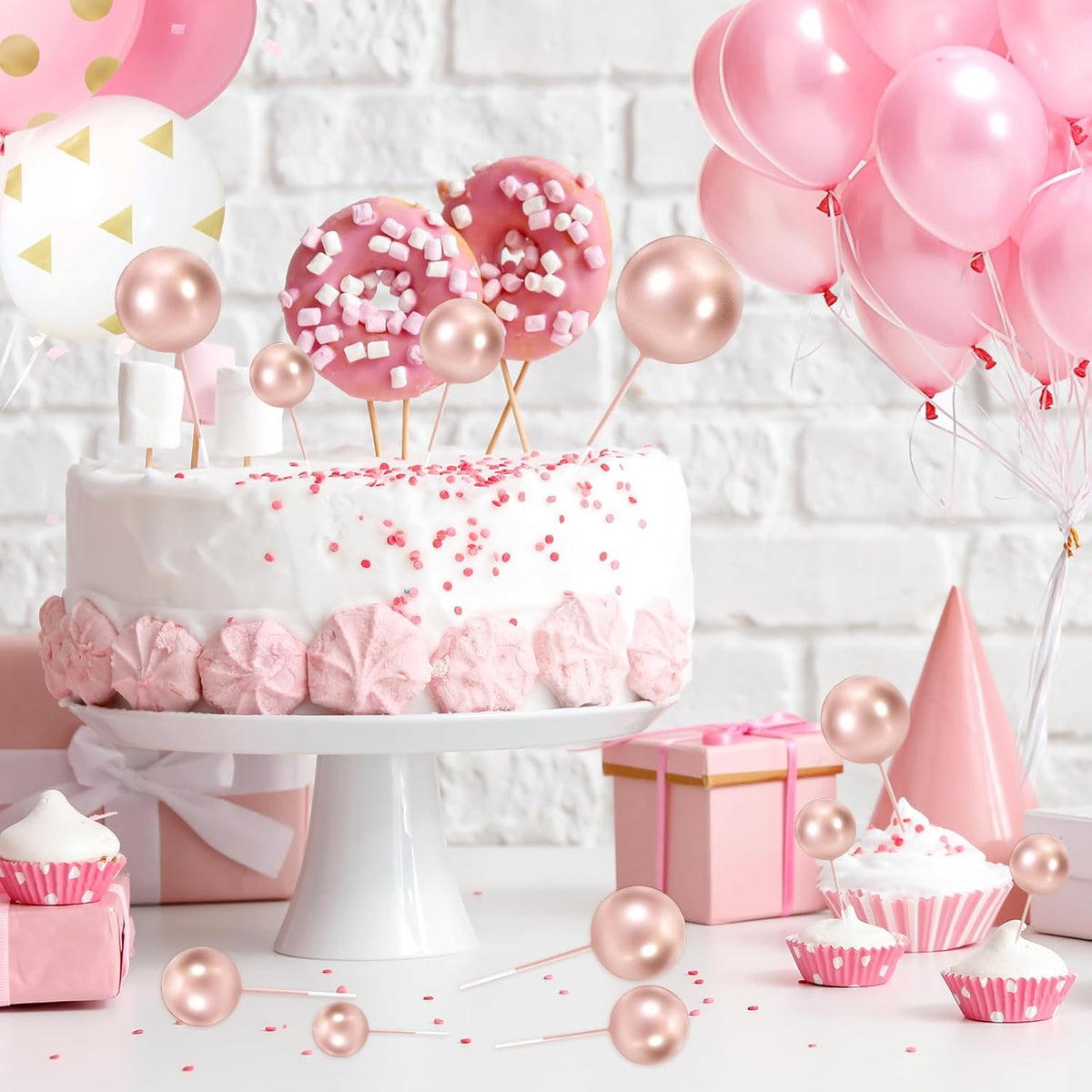 48 Pcs Balls Cake Topper Decorations Balloon Cupcake Toppers Foam Cake Topper Balls Cake Balls Decorations for Birthday Party Wedding Anniversary Cake Decorating (Rose Gold)
