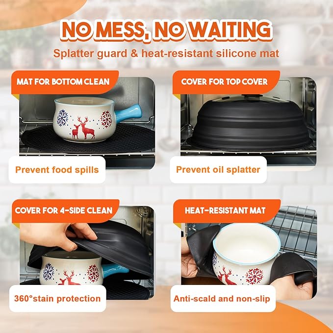 5 Pcs 10.8 Inch Microwave Splatter Cover Collapsible Microwave Cover for Food with Silicone Round Kitchen Mat and Silicone Grip Handle Set for Prevents Splatters & Ensures Even Heating