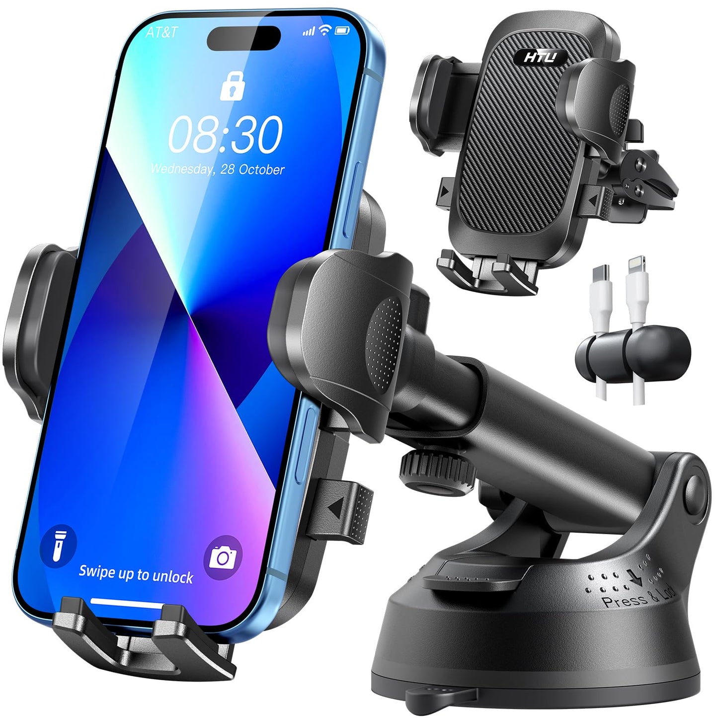 HTU Car Phone Holder【2026 Upgraded 100+LBS Suction & Safety Cert】 Cell Phone Car Mount for Truck Heavy Duty Phone Holder for Dashboard/Windshield/Vent for iPhone 17 16 Pro Max, Dark Black