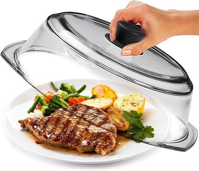 Le’raze Tall Glass Microwave Splatter Cover for Food - Cookware & Bakeware Serving Dish Cover, Plate Guard Lid with Easy Grip Silicone Handle Knob - 100% Food Grade BPA Free & Dishwasher Safe - 10in