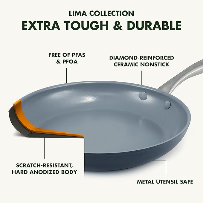 GreenPan Lima Hard Anodized 8" 10" & 12" Frying Pan Skillet Set, Ceramic Nonstick, PFAS-Free Nontoxic Pots & Pans, Oven & Broiler Safe, Stainless Steel Handles, Cookware for Eggs & Omelet, Gray