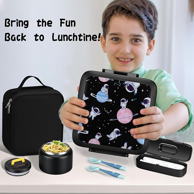 Bento Lunch Box for Kids With 8oz Soup Thermo,Leak-proof Lunch Containers with 5 Compartment,Thermo Food Jar and Lunch Bag, Food Containers for School (A-Black(Circumnavigate Space))