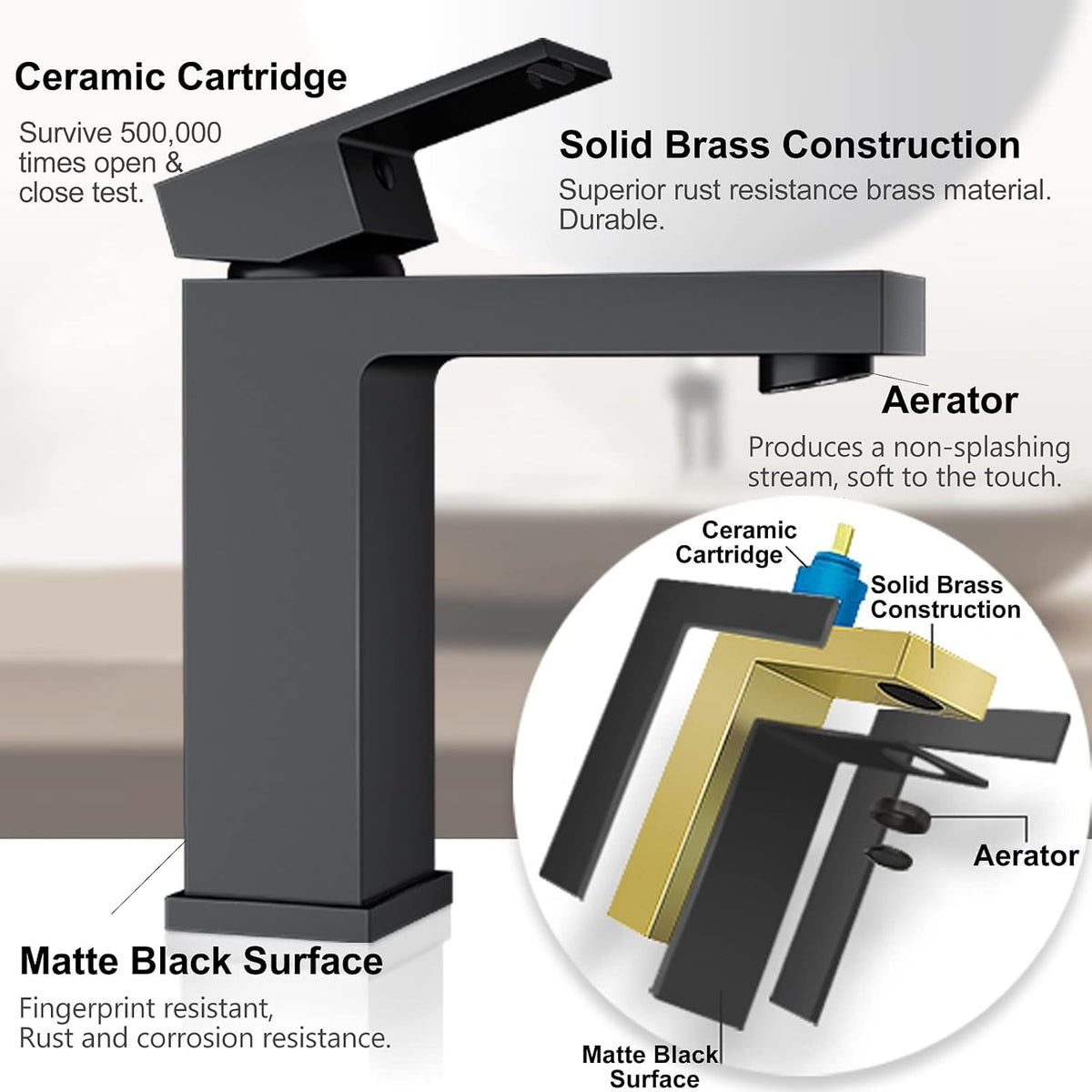 Solid Brass Black Bathroom Faucet, cUPC & CEC Certified 1 Hole Faucet for Bathroom Sink, Lead-Free Single Hole Bathroom Sink Faucet with Water Supply Hoses & Pop Up Drain Stopper