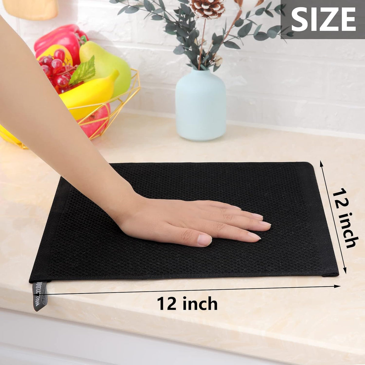 Homaxy 100% Cotton Waffle Weave Kitchen Dish Cloths, Ultra Soft Absorbent Quick Drying Dish Towels, 12 x 12 Inches, 6-Pack, Black