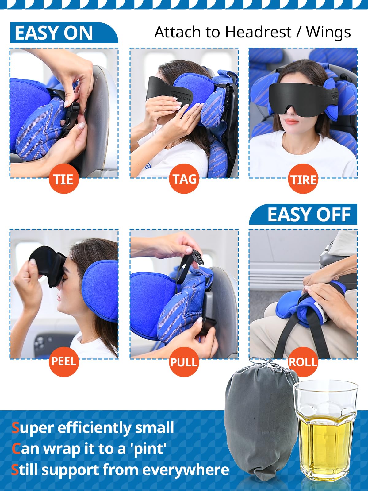 SARISUN Travel Pillow for Airplanes Sleep, Seat Strap for Stable Support