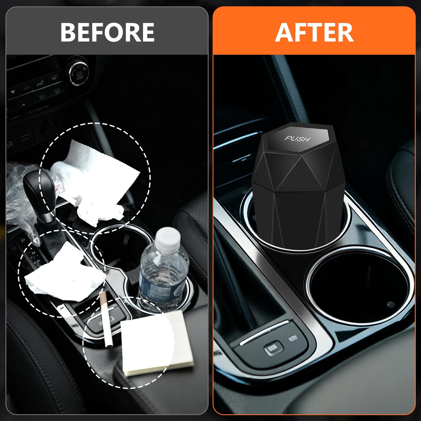 OUDEW Car Trash Can with Lid, Leakproof, 30 Trash Bags, Black, 2 Pack