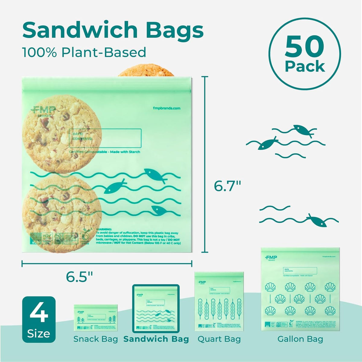 Fit Meal Prep 50 Pack 100% Compostable Sandwich Bags, 6.5 x 6.7" Resealable Food Storage Freezer Bags, Eco Friendly Snack Bags for Travel, ASTM D6400, US BPI & EU OK Compost Certified