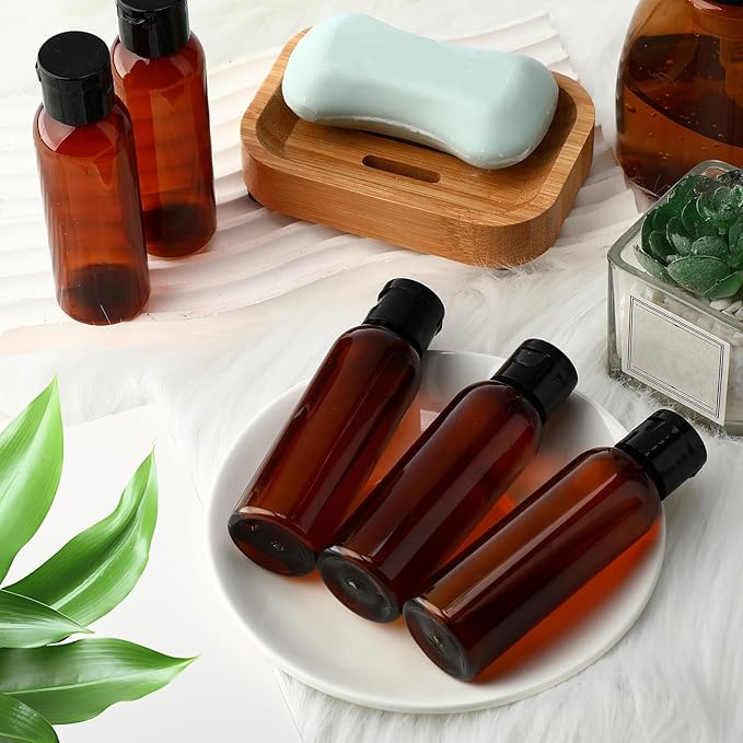 Zhehao 200 Pcs 2 oz Brown Plastic Empty Bottles Small Travel Size Bottles with Flip Cap Empty Transparent Dispenser Container for Liquids Toiletries Shampoo Lotion (Black Cap)