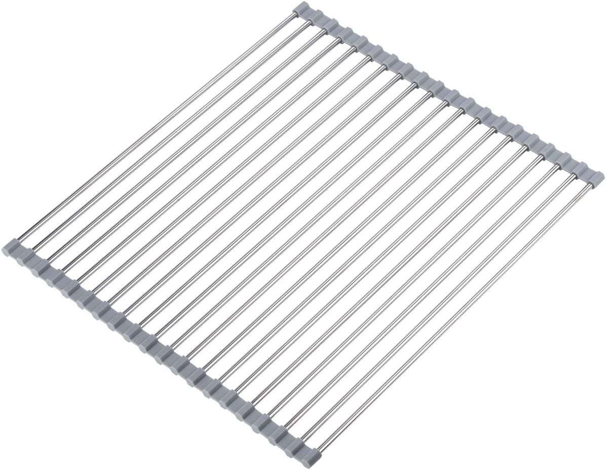 Roll Up Dish Drying Rack Over The Sink 17.7"(L) x 15.6"(W), Multipurpose Foldable Stainless Steel Kitchen Rollable Drainer Rack, Gray