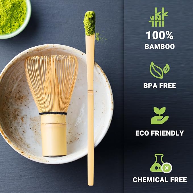 SHONMISEN Bamboo Matcha Whisk Set -Matcha Whisk (Chasen),Whisk Holder(White),Sifter,Tea Scoop and Tea Spoon