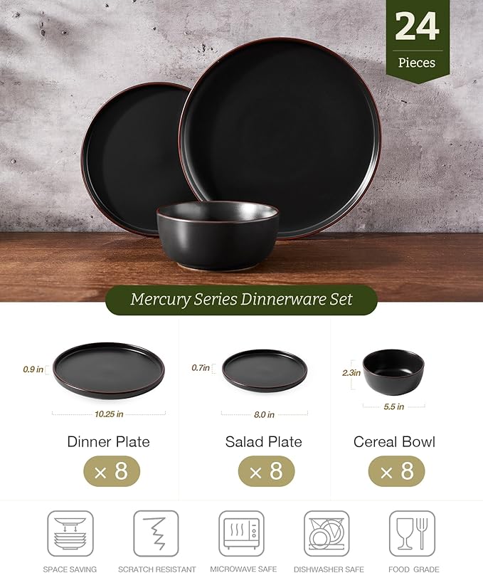 Famiware Mercury 24 Pieces Dinnerware Sets, Plates and Bowls Sets for 8, Microwave and Dishwasher Safe Dish Set, Matte Black