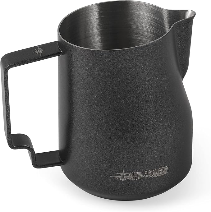 MHW-3BOMBER Milk Frothing Pitcher 12oz Milk Frother Cup Espresso Steaming Pitcher Stainless Steel Milk Frother Cup Barista Latte Art Round Spout Milk Jug, Black P6007MB-OS