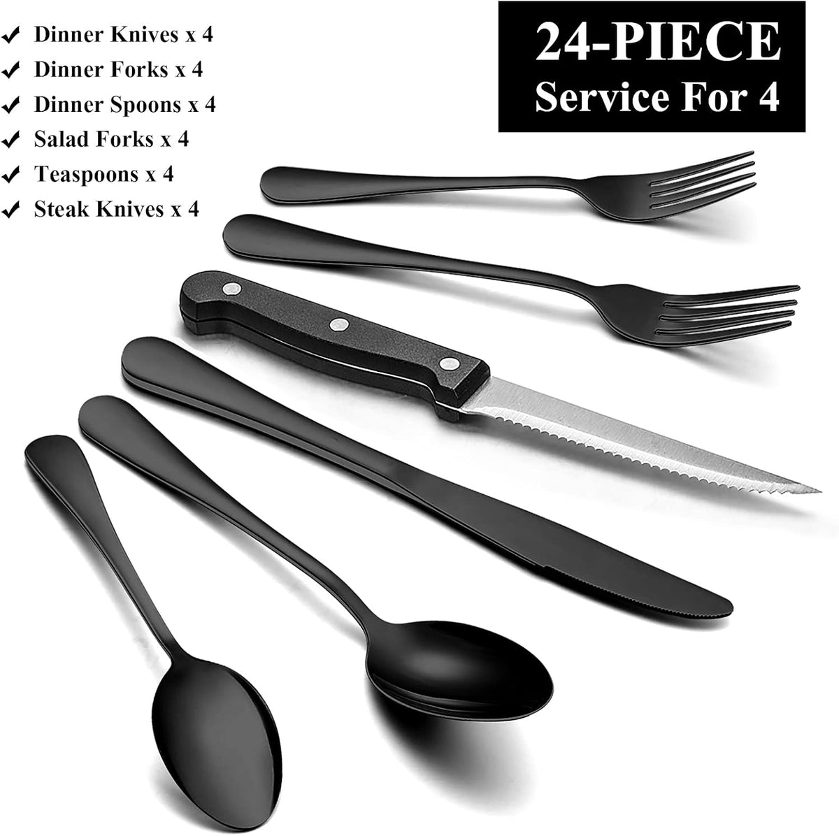 Wildone 24-Piece Black Flatware Set with Steak Knives, Stainless Steel Silverware Cutlery Set Service for 4, Tableware Eating Utensils Include Knives/Forks/Spoons, Mirror Polished, Dishwasher Safe