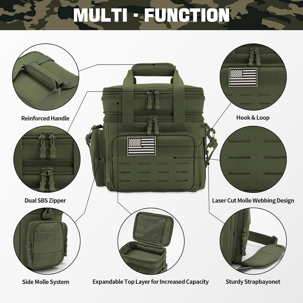QT&QY Tactical Lunch Box for Men Expandable 18L Heavy Duty Military Insulated Cooler Bag, Leakproof Thermal Lunch Bag for Work Camping Outdoor Picnic Pail Adult Meal MOLLE Webbing Green